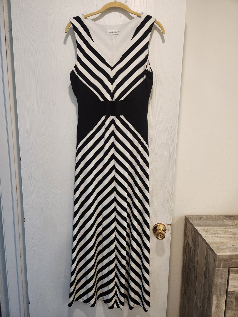 Calvin Klein Black and White Striped V-Neck Maxi Dress